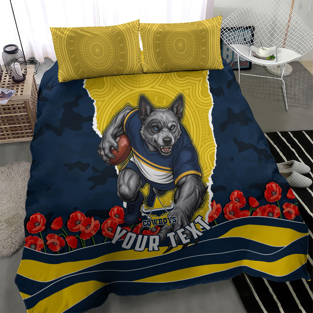 Personalized Cowboys ANZAC Tribute Bedding Set Poppy Field Soldier Silhouette Aboriginal Rugby Mascot