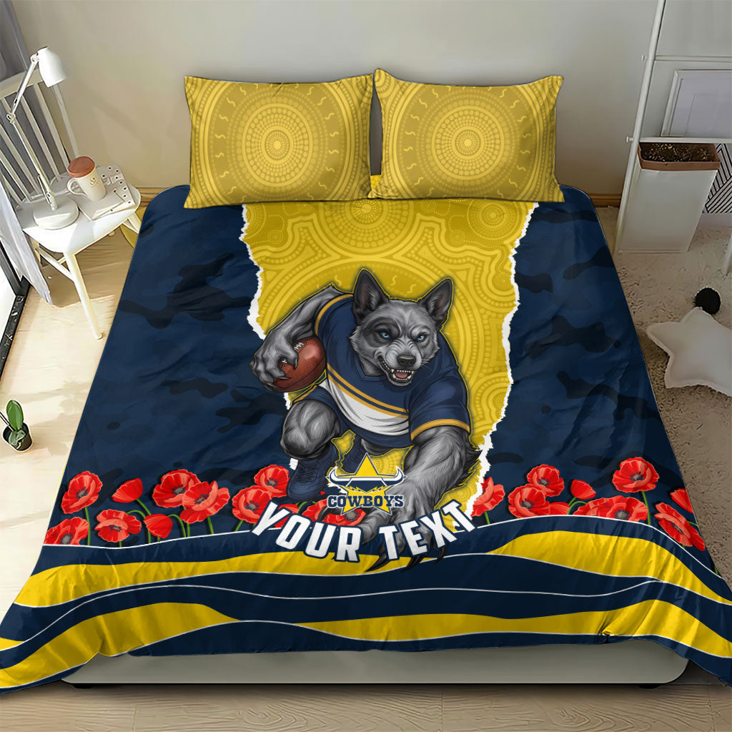 Personalized Cowboys ANZAC Tribute Bedding Set Poppy Field Soldier Silhouette Aboriginal Rugby Mascot