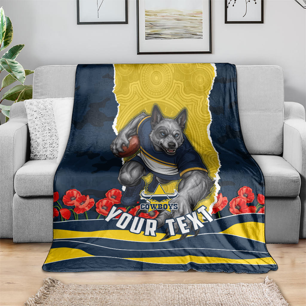 Personalized Cowboys ANZAC Tribute Blanket Poppy Field Soldier Silhouette Aboriginal Rugby Mascot