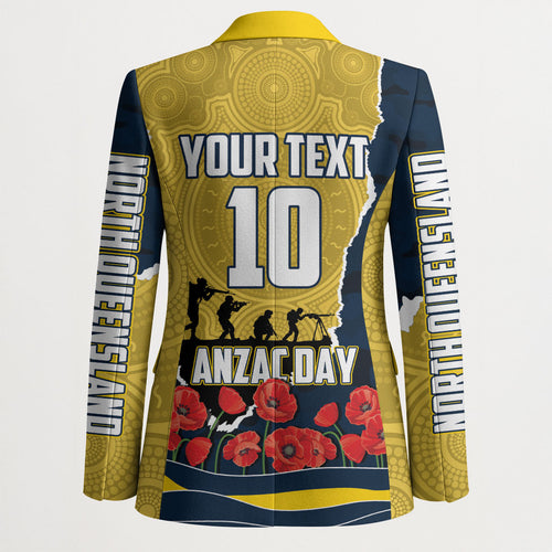 Personalized Cowboys ANZAC Tribute Blazer Poppy Field Soldier Silhouette Aboriginal Rugby Mascot
