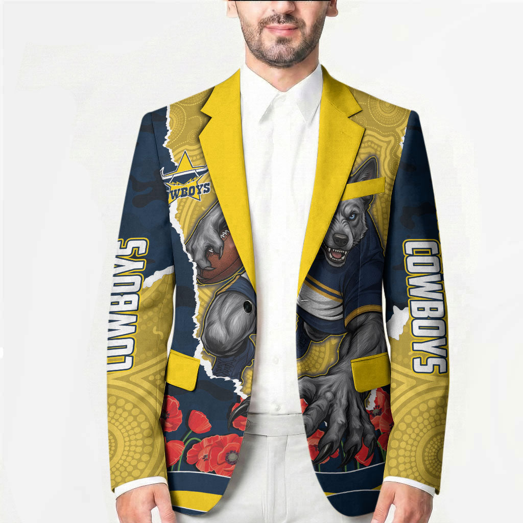 Personalized Cowboys ANZAC Tribute Blazer Poppy Field Soldier Silhouette Aboriginal Rugby Mascot