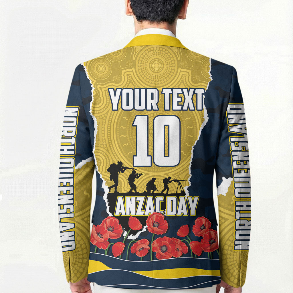 Personalized Cowboys ANZAC Tribute Blazer Poppy Field Soldier Silhouette Aboriginal Rugby Mascot