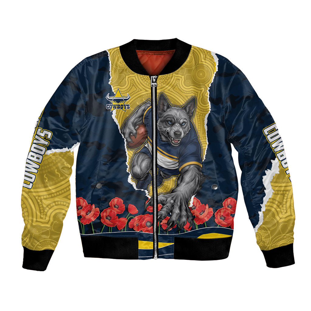 Personalized Cowboys ANZAC Tribute Bomber Jacket Poppy Field Soldier Silhouette Aboriginal Rugby Mascot