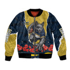 Personalized Cowboys ANZAC Tribute Bomber Jacket Poppy Field Soldier Silhouette Aboriginal Rugby Mascot