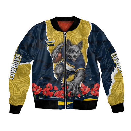 Personalized Cowboys ANZAC Tribute Bomber Jacket Poppy Field Soldier Silhouette Aboriginal Rugby Mascot