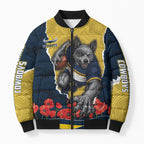 Personalized Cowboys ANZAC Tribute Bomber Puffer Jacket Poppy Field Soldier Silhouette Aboriginal Rugby Mascot