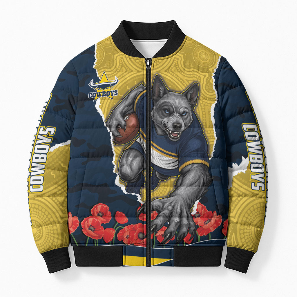Personalized Cowboys ANZAC Tribute Bomber Puffer Jacket Poppy Field Soldier Silhouette Aboriginal Rugby Mascot