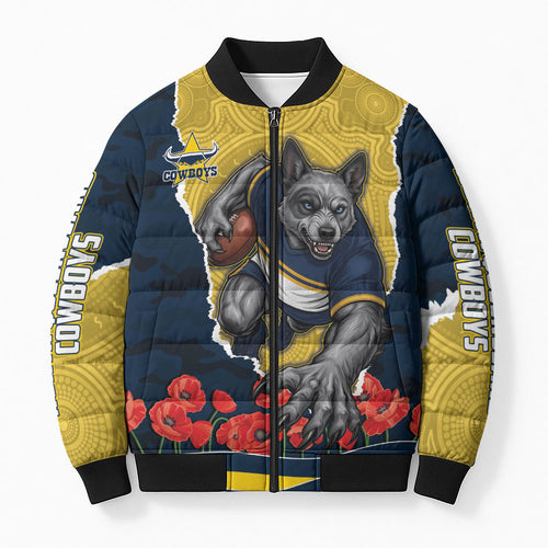 Personalized Cowboys ANZAC Tribute Bomber Puffer Jacket Poppy Field Soldier Silhouette Aboriginal Rugby Mascot