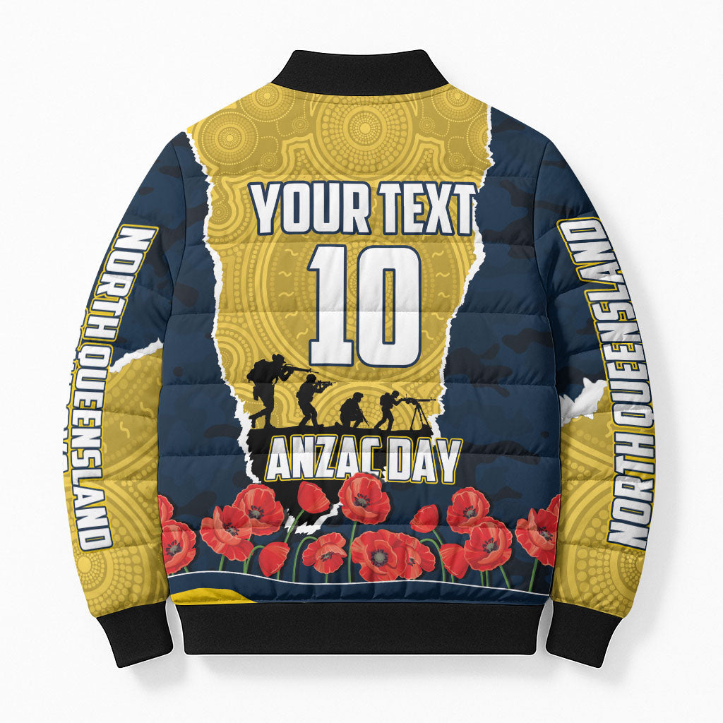 Personalized Cowboys ANZAC Tribute Bomber Puffer Jacket Poppy Field Soldier Silhouette Aboriginal Rugby Mascot