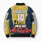 Personalized Cowboys ANZAC Tribute Bomber Puffer Jacket Poppy Field Soldier Silhouette Aboriginal Rugby Mascot