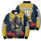Personalized Cowboys ANZAC Tribute Bomber Puffer Jacket Poppy Field Soldier Silhouette Aboriginal Rugby Mascot