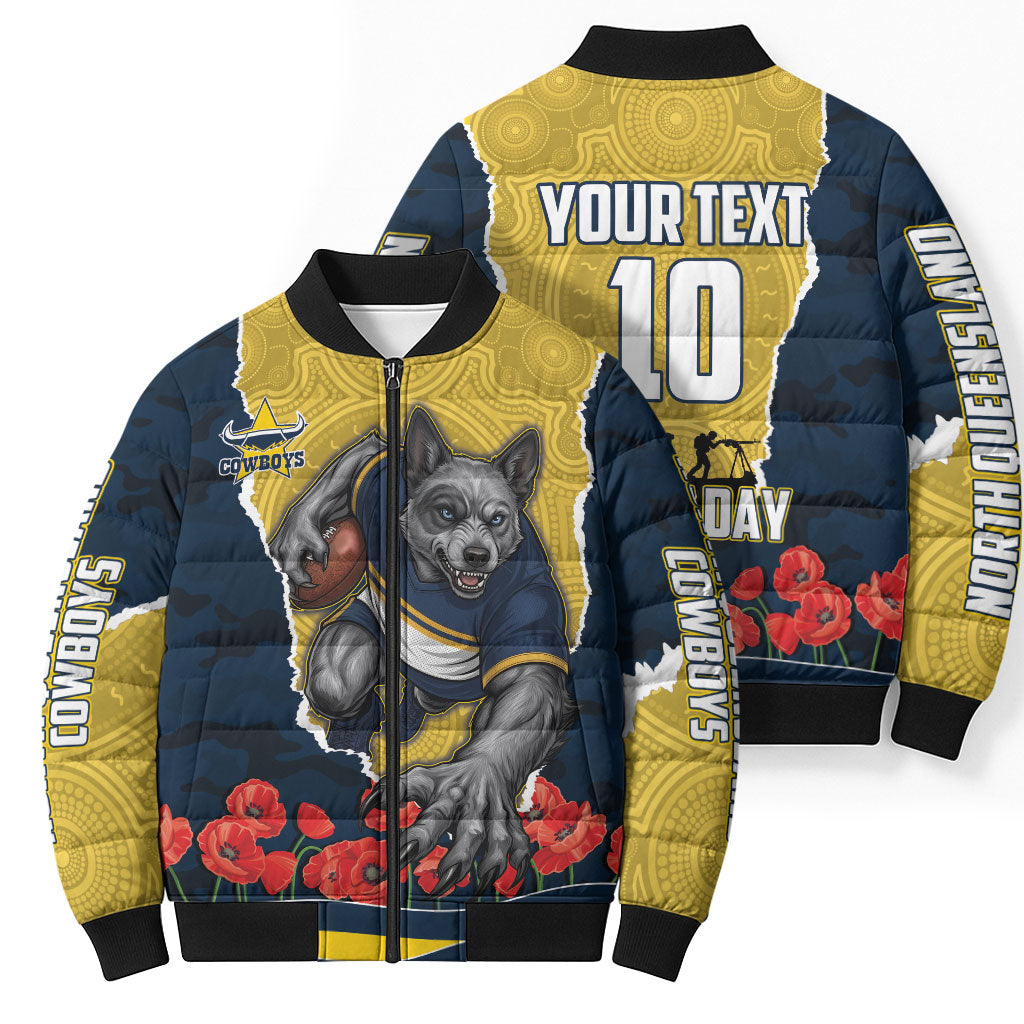 Personalized Cowboys ANZAC Tribute Bomber Puffer Jacket Poppy Field Soldier Silhouette Aboriginal Rugby Mascot