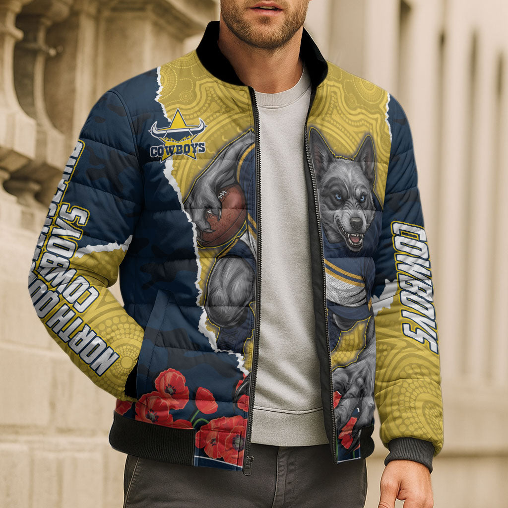 Personalized Cowboys ANZAC Tribute Bomber Puffer Jacket Poppy Field Soldier Silhouette Aboriginal Rugby Mascot