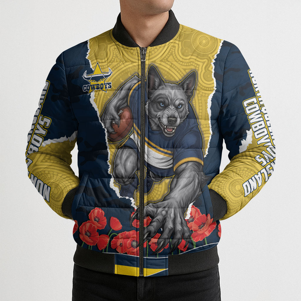 Personalized Cowboys ANZAC Tribute Bomber Puffer Jacket Poppy Field Soldier Silhouette Aboriginal Rugby Mascot