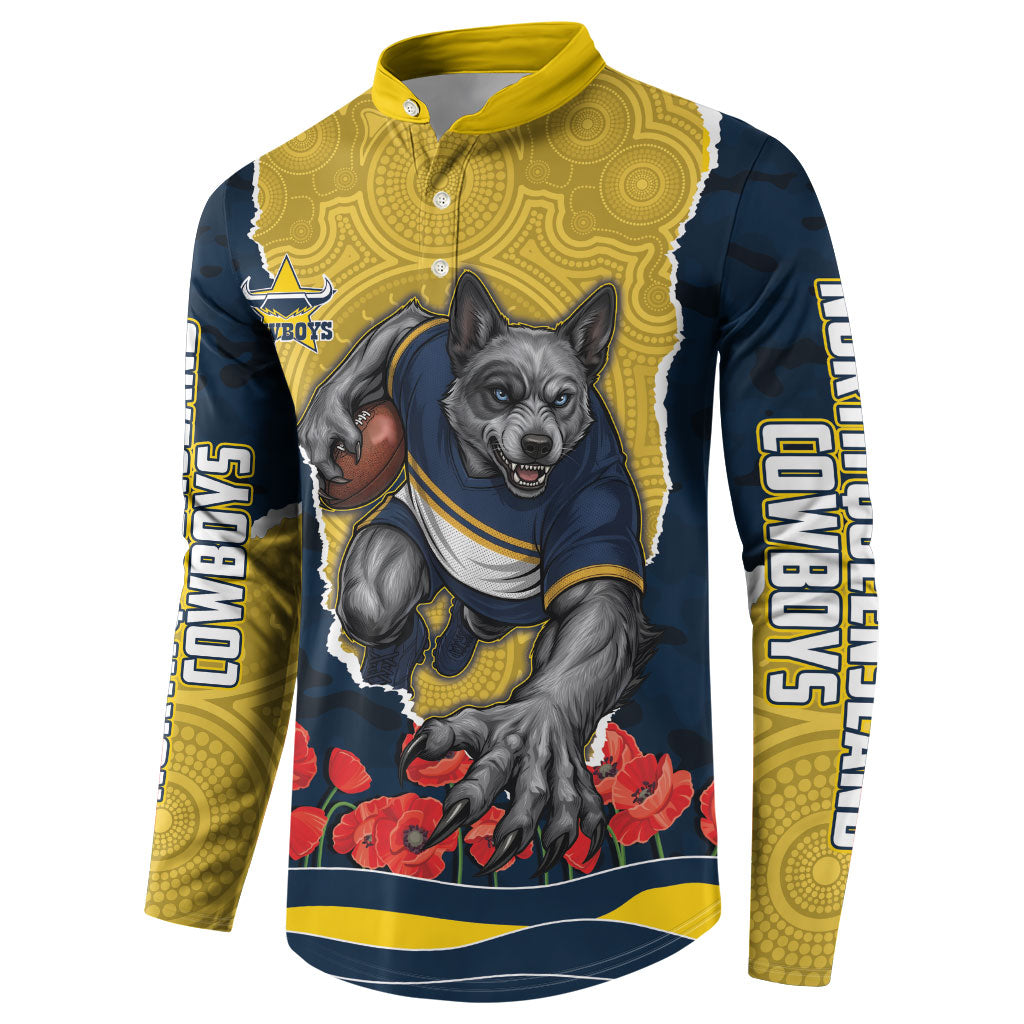 Personalized Cowboys ANZAC Tribute Button Sweatshirt Poppy Field Soldier Silhouette Aboriginal Rugby Mascot