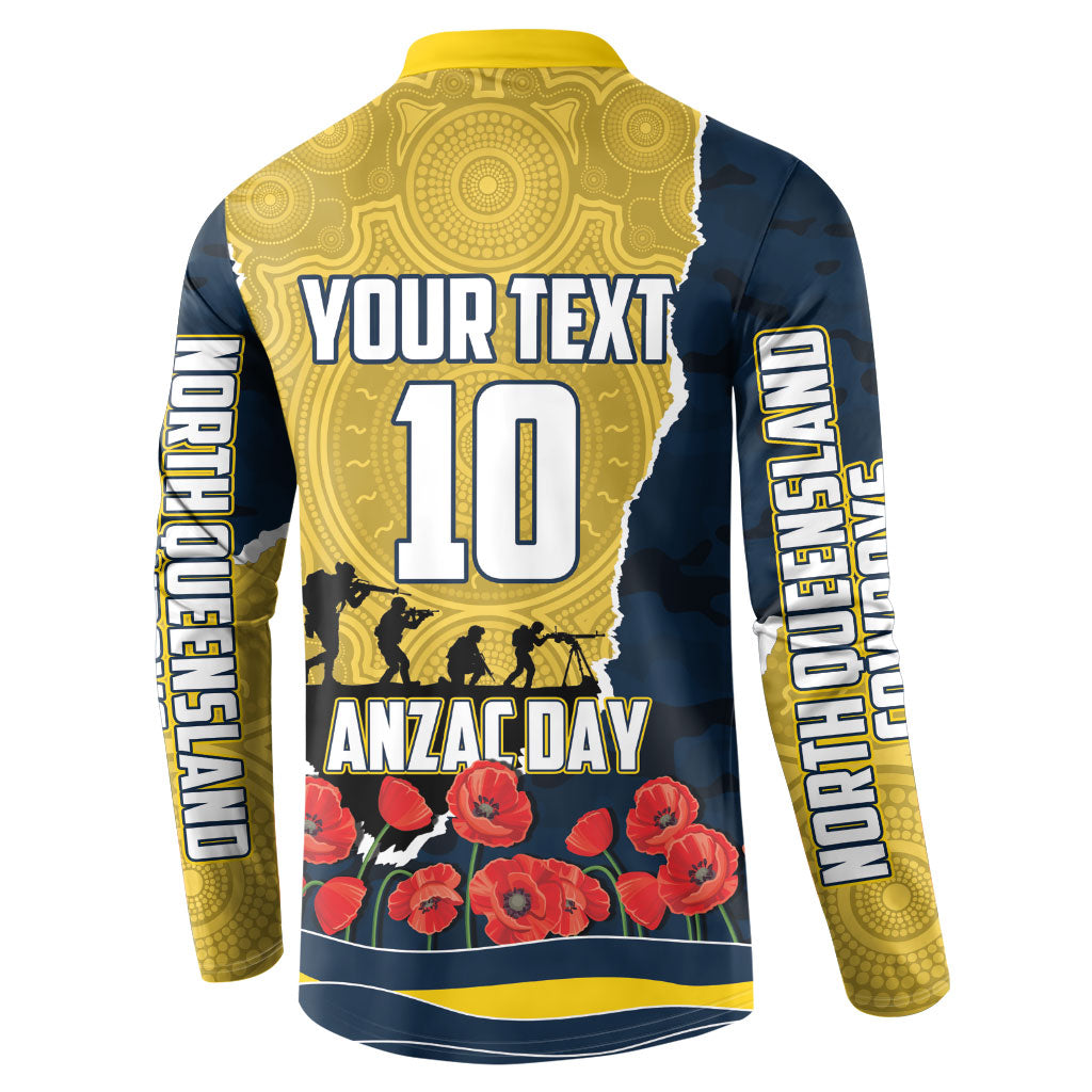 Personalized Cowboys ANZAC Tribute Button Sweatshirt Poppy Field Soldier Silhouette Aboriginal Rugby Mascot
