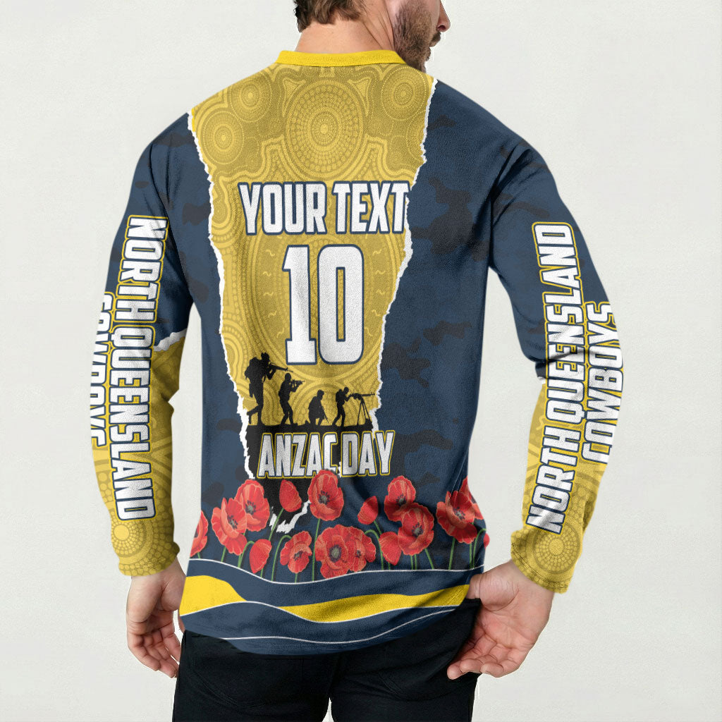 Personalized Cowboys ANZAC Tribute Button Sweatshirt Poppy Field Soldier Silhouette Aboriginal Rugby Mascot