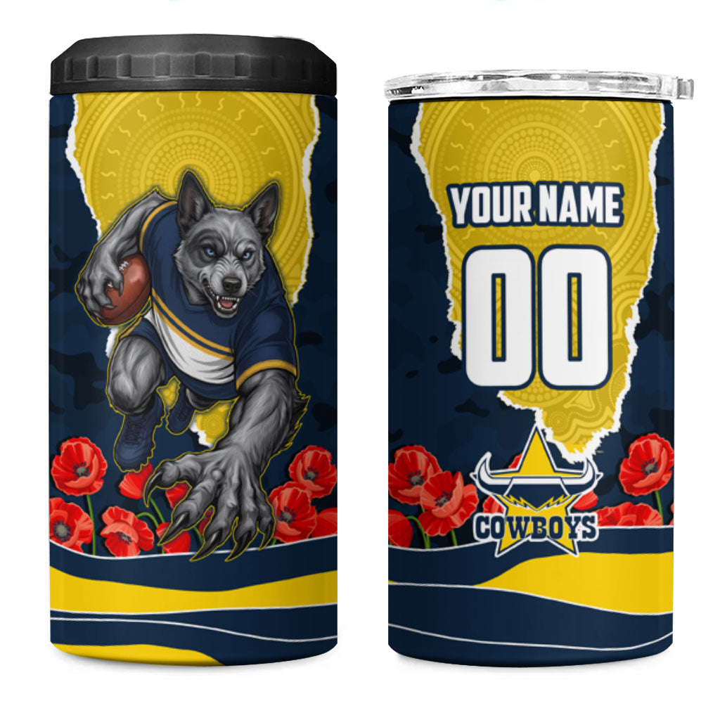Personalized Cowboys ANZAC Tribute 4 in 1 Can Cooler Tumbler Poppy Field Soldier Silhouette Aboriginal Rugby Mascot