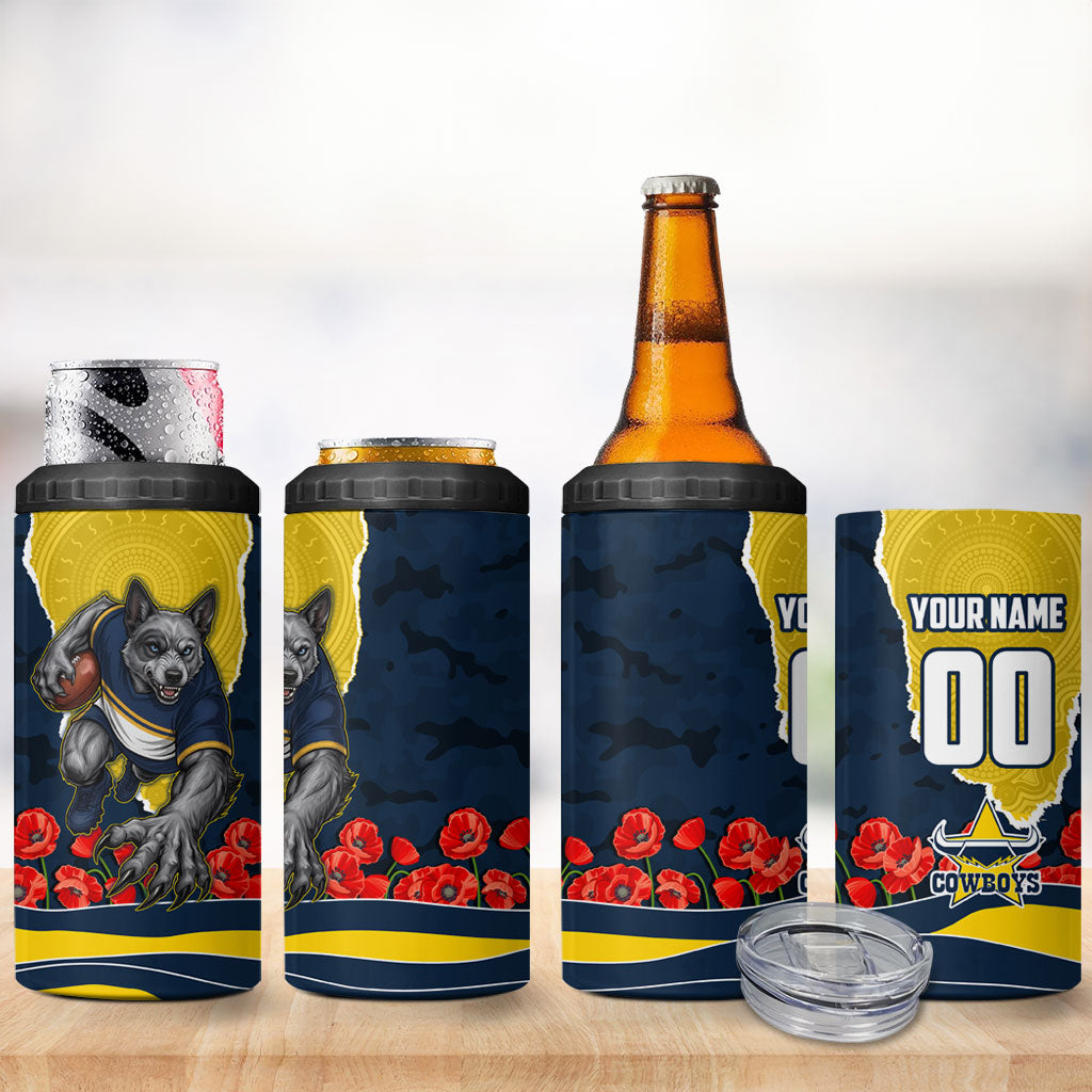 Personalized Cowboys ANZAC Tribute 4 in 1 Can Cooler Tumbler Poppy Field Soldier Silhouette Aboriginal Rugby Mascot