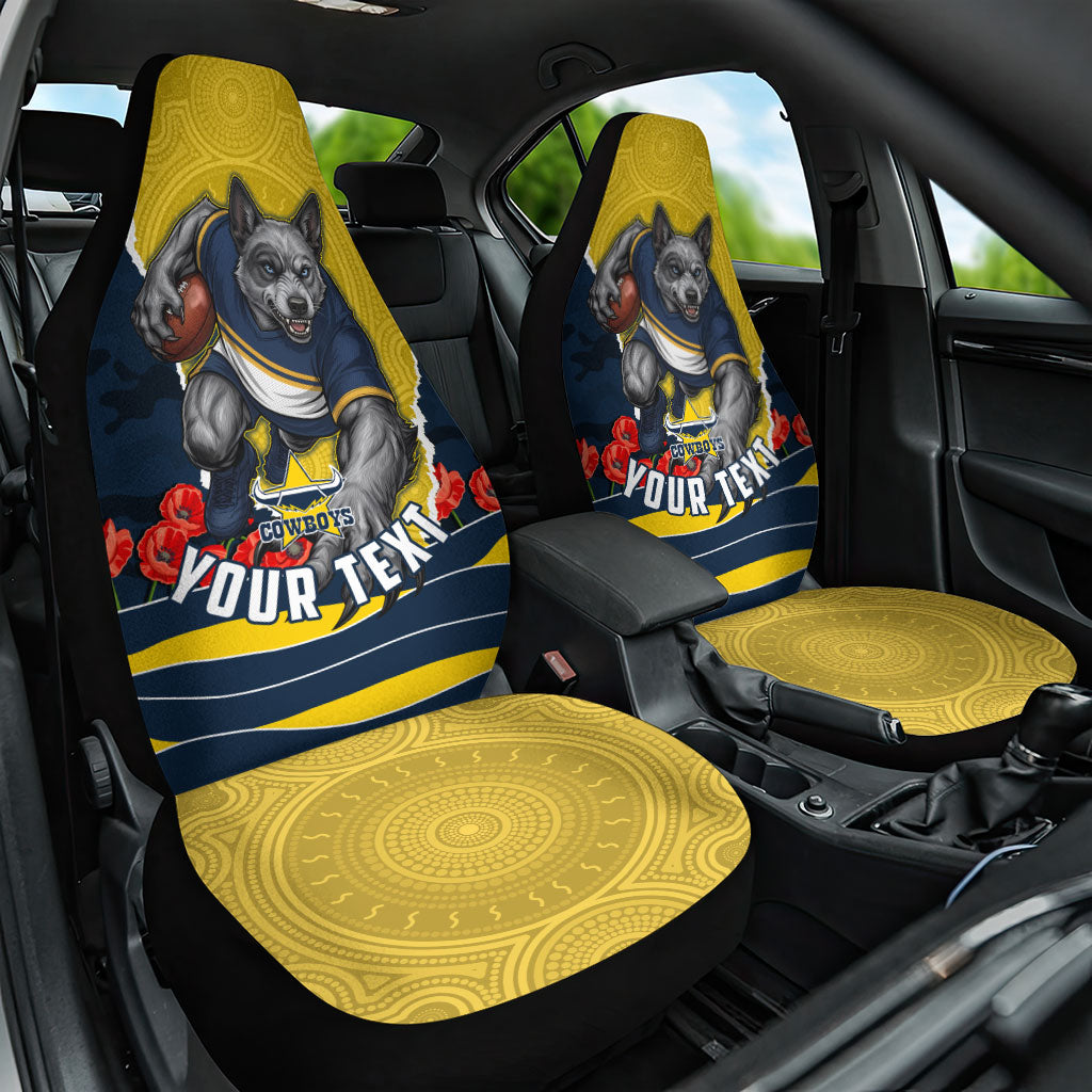 Personalized Cowboys ANZAC Tribute Car Seat Cover Poppy Field Soldier Silhouette Aboriginal Rugby Mascot