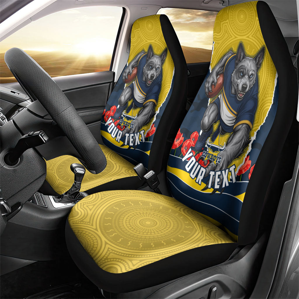 Personalized Cowboys ANZAC Tribute Car Seat Cover Poppy Field Soldier Silhouette Aboriginal Rugby Mascot