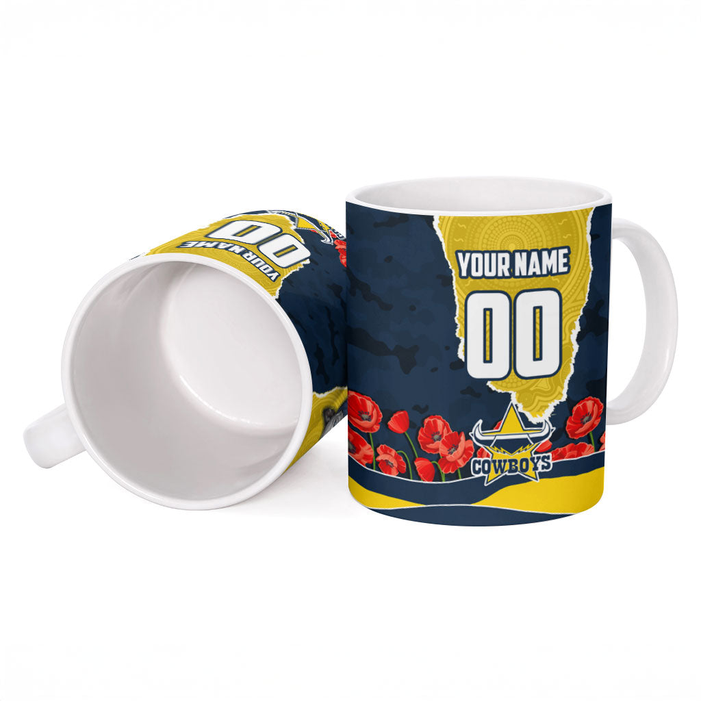 Personalized Cowboys ANZAC Tribute Ceramic Mug Poppy Field Soldier Silhouette Aboriginal Rugby Mascot