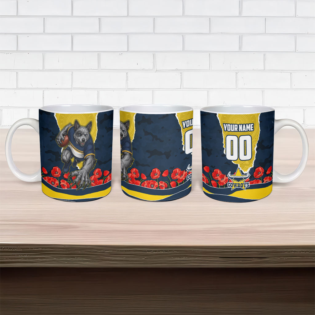 Personalized Cowboys ANZAC Tribute Ceramic Mug Poppy Field Soldier Silhouette Aboriginal Rugby Mascot