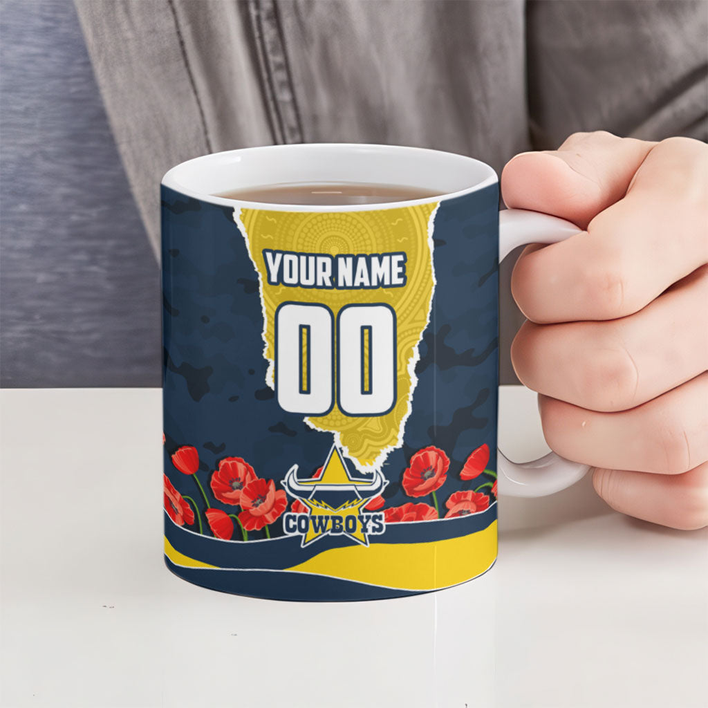 Personalized Cowboys ANZAC Tribute Ceramic Mug Poppy Field Soldier Silhouette Aboriginal Rugby Mascot