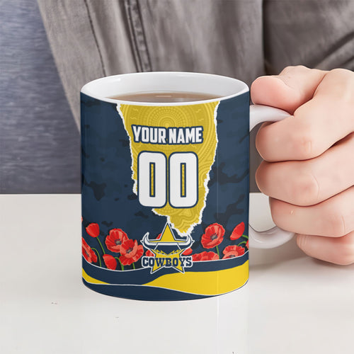 Personalized Cowboys ANZAC Tribute Ceramic Mug Poppy Field Soldier Silhouette Aboriginal Rugby Mascot
