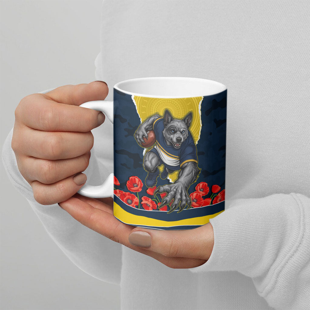 Personalized Cowboys ANZAC Tribute Ceramic Mug Poppy Field Soldier Silhouette Aboriginal Rugby Mascot