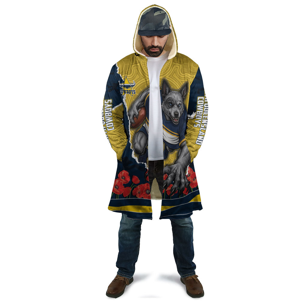 Personalized Cowboys ANZAC Tribute Cloak Poppy Field Soldier Silhouette Aboriginal Rugby Mascot