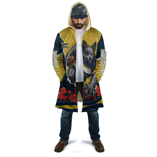 Personalized Cowboys ANZAC Tribute Cloak Poppy Field Soldier Silhouette Aboriginal Rugby Mascot