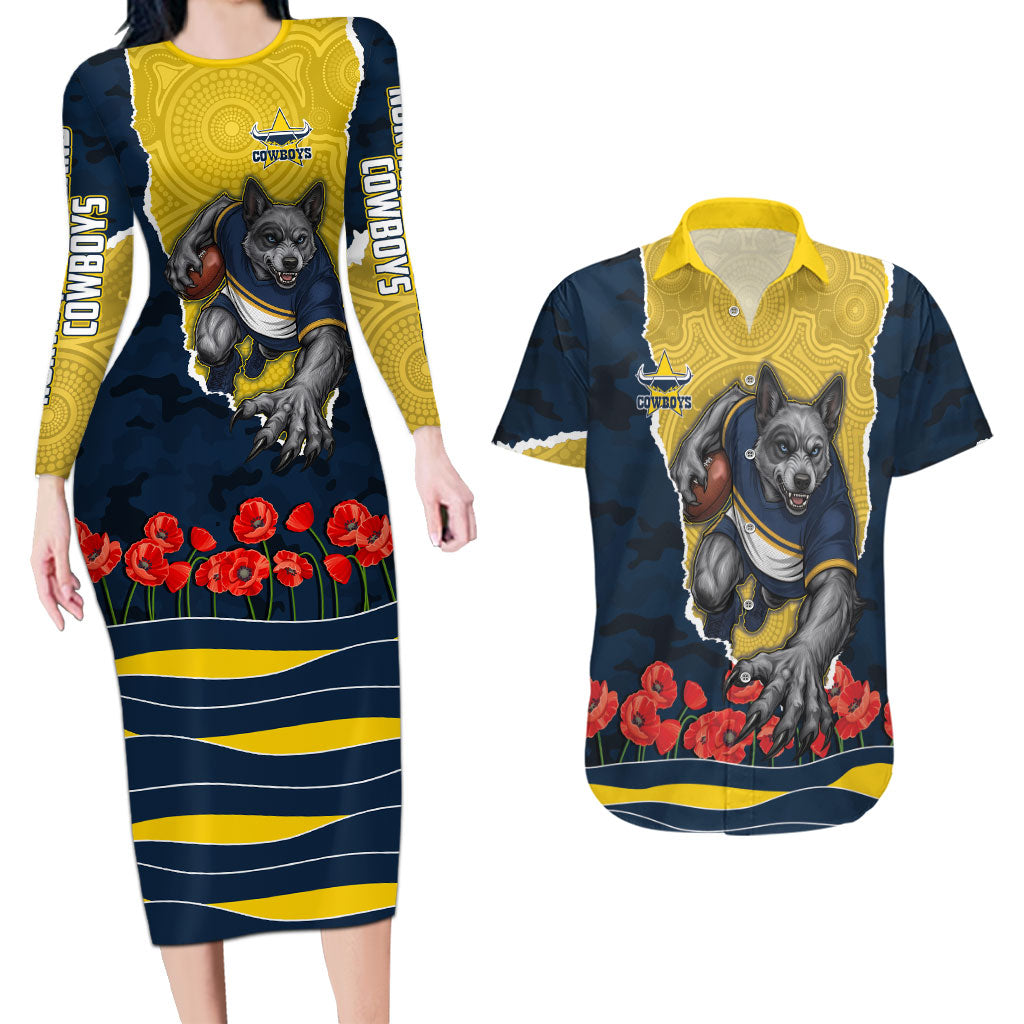 Personalized Cowboys ANZAC Tribute Couples Matching Long Sleeve Bodycon Dress and Hawaiian Shirt Poppy Field Soldier Silhouette Aboriginal Rugby Mascot