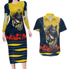 Personalized Cowboys ANZAC Tribute Couples Matching Long Sleeve Bodycon Dress and Hawaiian Shirt Poppy Field Soldier Silhouette Aboriginal Rugby Mascot