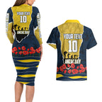 Personalized Cowboys ANZAC Tribute Couples Matching Long Sleeve Bodycon Dress and Hawaiian Shirt Poppy Field Soldier Silhouette Aboriginal Rugby Mascot