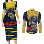 Personalized Cowboys ANZAC Tribute Couples Matching Long Sleeve Bodycon Dress and Long Sleeve Button Shirt Poppy Field Soldier Silhouette Aboriginal Rugby Mascot