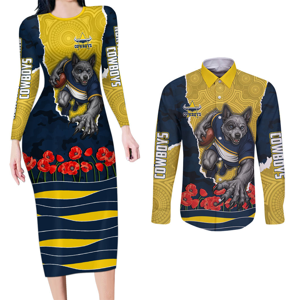 Personalized Cowboys ANZAC Tribute Couples Matching Long Sleeve Bodycon Dress and Long Sleeve Button Shirt Poppy Field Soldier Silhouette Aboriginal Rugby Mascot