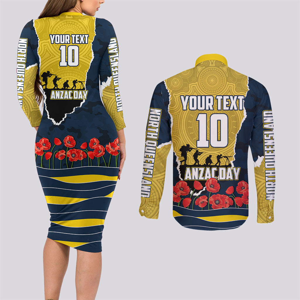 Personalized Cowboys ANZAC Tribute Couples Matching Long Sleeve Bodycon Dress and Long Sleeve Button Shirt Poppy Field Soldier Silhouette Aboriginal Rugby Mascot