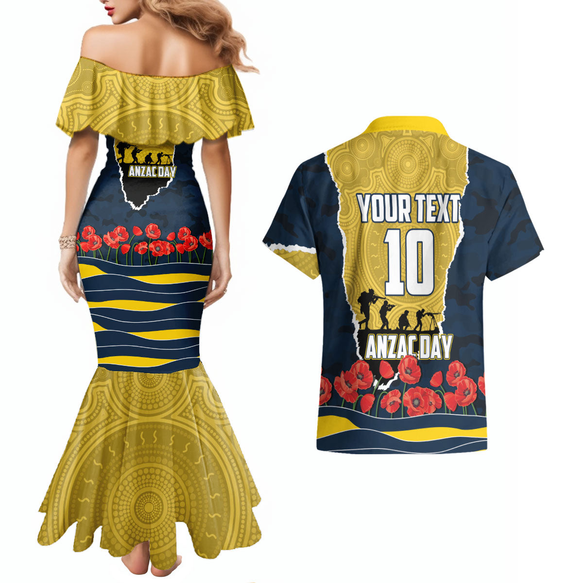 Personalized Cowboys ANZAC Tribute Couples Matching Mermaid Dress and Hawaiian Shirt Poppy Field Soldier Silhouette Aboriginal Rugby Mascot
