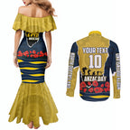 Personalized Cowboys ANZAC Tribute Couples Matching Mermaid Dress and Long Sleeve Button Shirt Poppy Field Soldier Silhouette Aboriginal Rugby Mascot