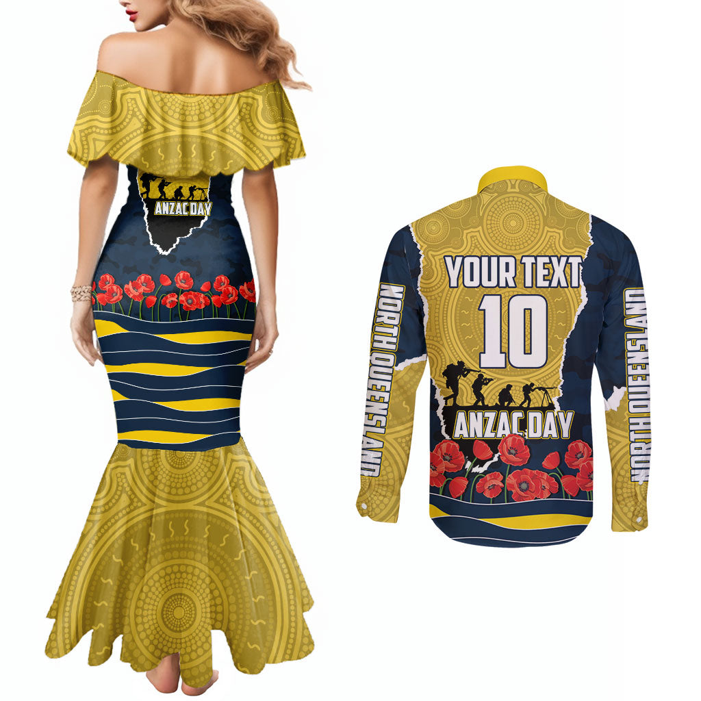 Personalized Cowboys ANZAC Tribute Couples Matching Mermaid Dress and Long Sleeve Button Shirt Poppy Field Soldier Silhouette Aboriginal Rugby Mascot