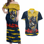Personalized Cowboys ANZAC Tribute Couples Matching Off Shoulder Maxi Dress and Hawaiian Shirt Poppy Field Soldier Silhouette Aboriginal Rugby Mascot