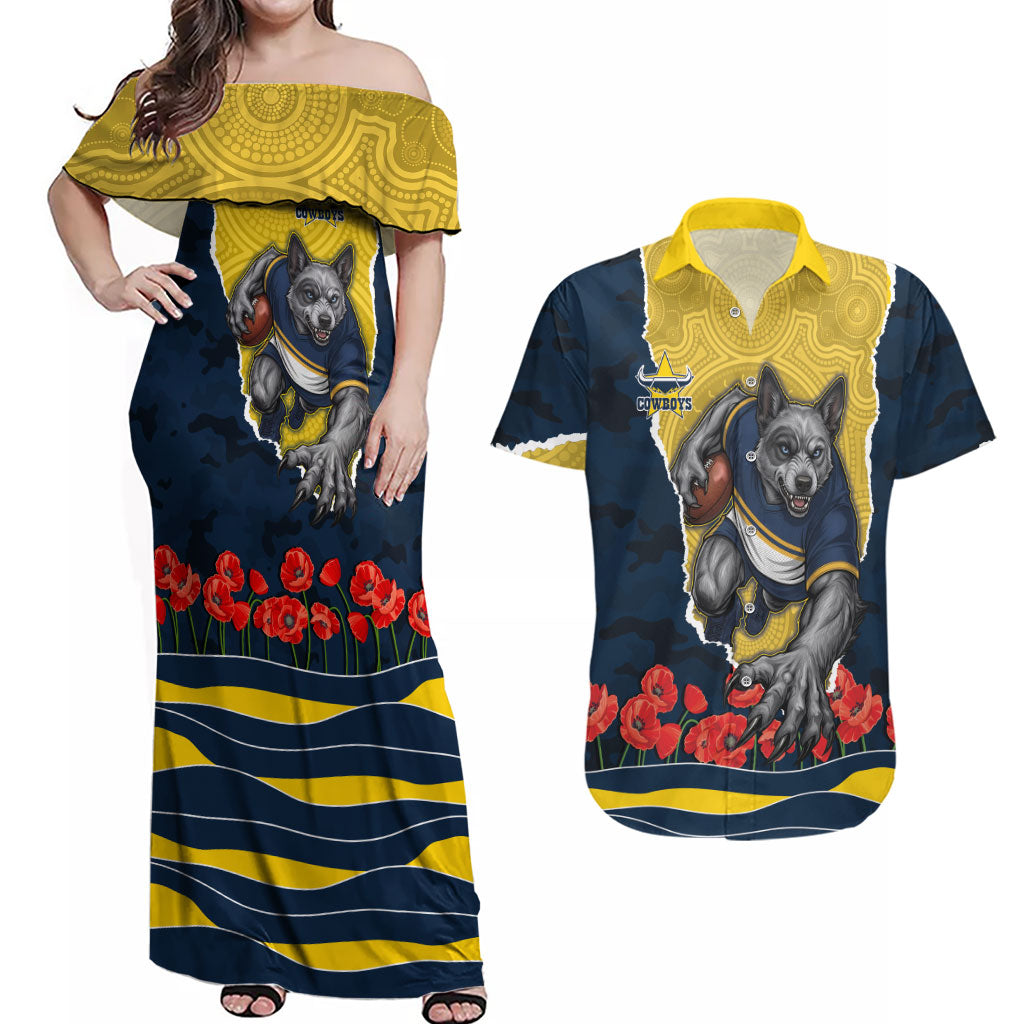 Personalized Cowboys ANZAC Tribute Couples Matching Off Shoulder Maxi Dress and Hawaiian Shirt Poppy Field Soldier Silhouette Aboriginal Rugby Mascot