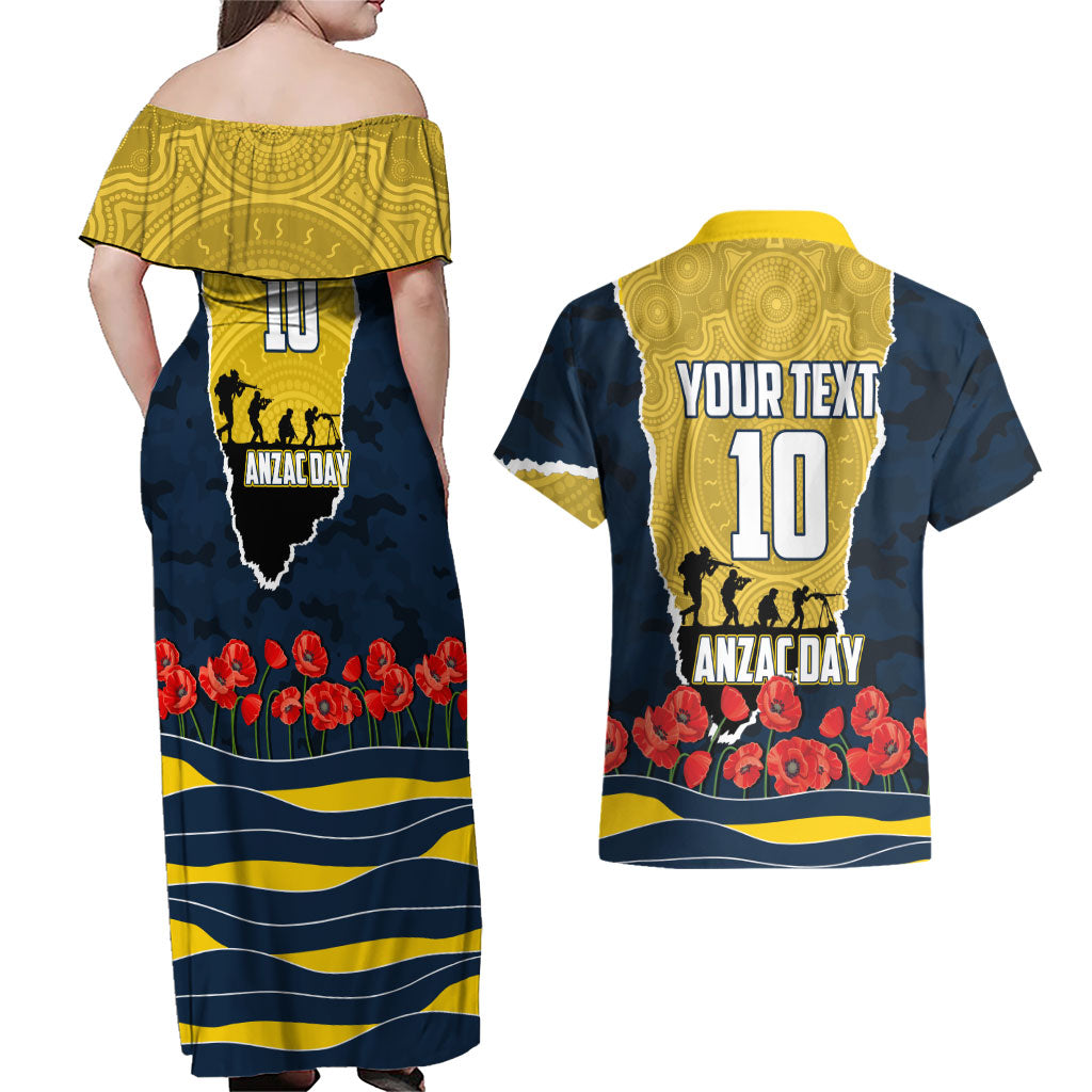Personalized Cowboys ANZAC Tribute Couples Matching Off Shoulder Maxi Dress and Hawaiian Shirt Poppy Field Soldier Silhouette Aboriginal Rugby Mascot