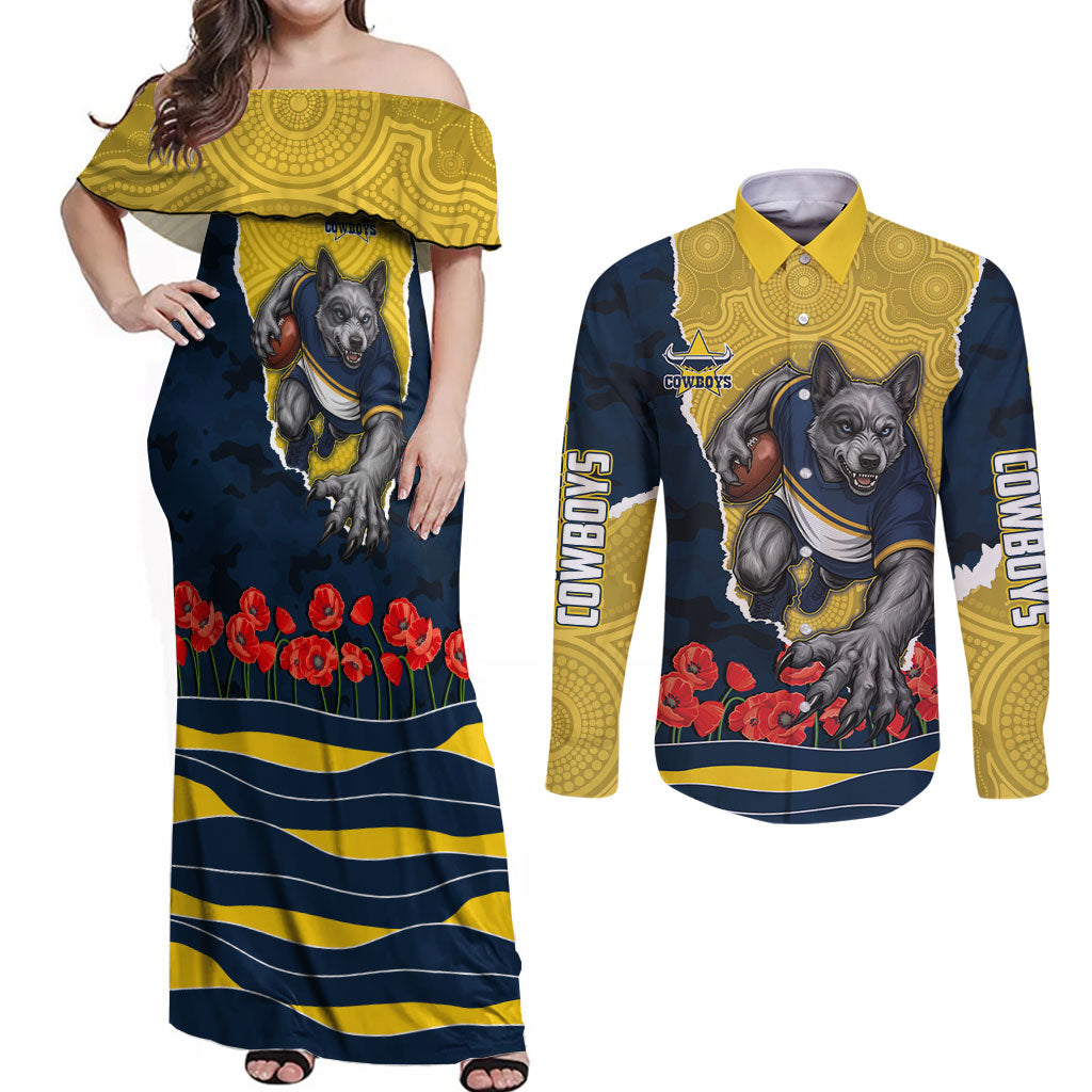 Personalized Cowboys ANZAC Tribute Couples Matching Off Shoulder Maxi Dress and Long Sleeve Button Shirt Poppy Field Soldier Silhouette Aboriginal Rugby Mascot