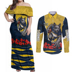 Personalized Cowboys ANZAC Tribute Couples Matching Off Shoulder Maxi Dress and Long Sleeve Button Shirt Poppy Field Soldier Silhouette Aboriginal Rugby Mascot
