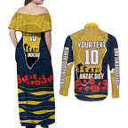Personalized Cowboys ANZAC Tribute Couples Matching Off Shoulder Maxi Dress and Long Sleeve Button Shirt Poppy Field Soldier Silhouette Aboriginal Rugby Mascot