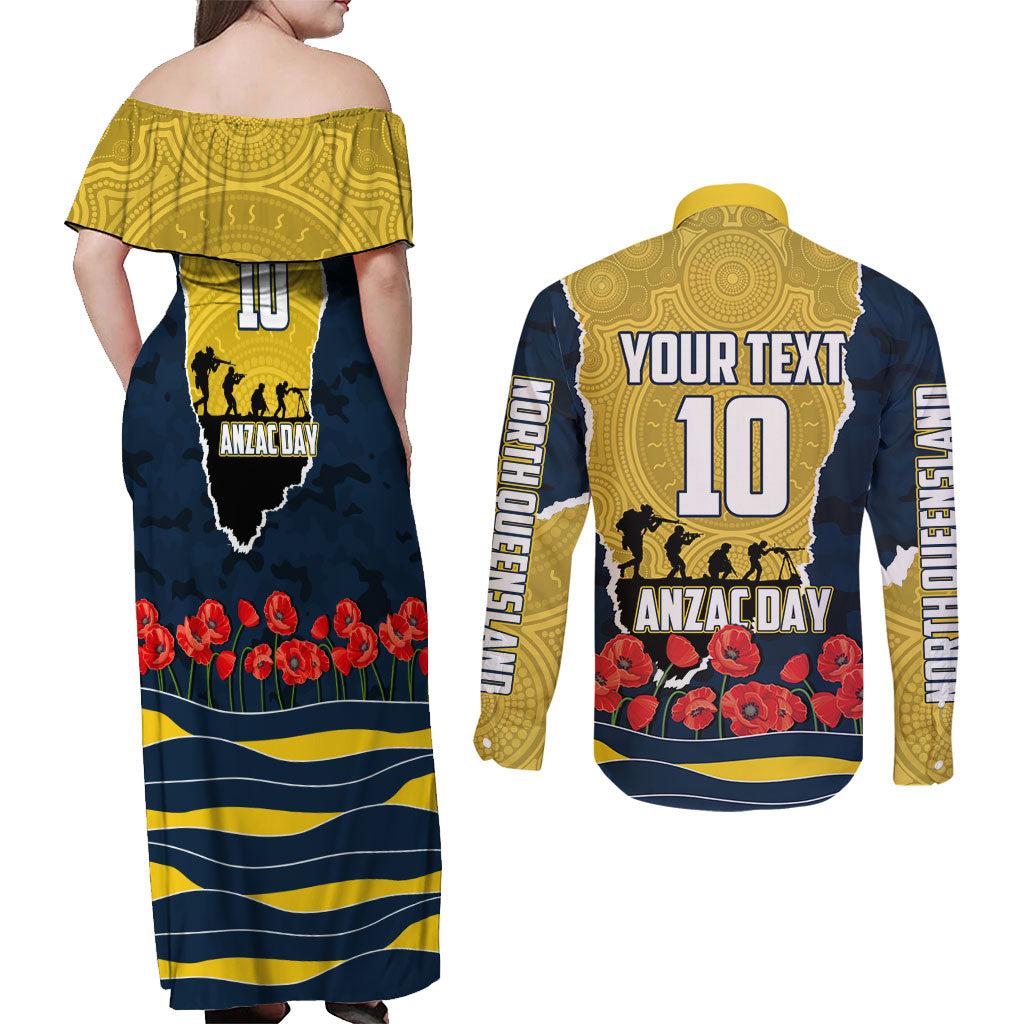 Personalized Cowboys ANZAC Tribute Couples Matching Off Shoulder Maxi Dress and Long Sleeve Button Shirt Poppy Field Soldier Silhouette Aboriginal Rugby Mascot
