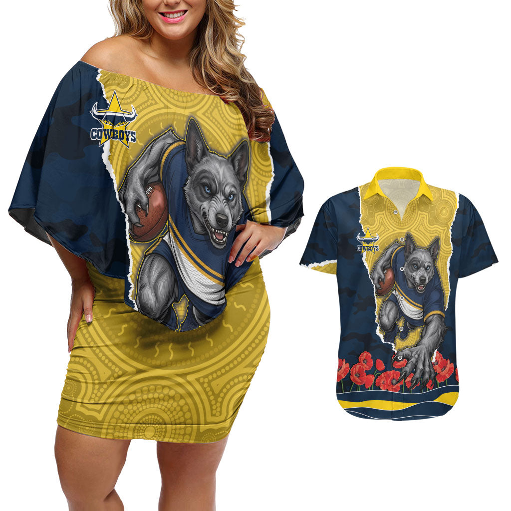 Personalized Cowboys ANZAC Tribute Couples Matching Off Shoulder Short Dress and Hawaiian Shirt Poppy Field Soldier Silhouette Aboriginal Rugby Mascot