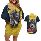 Personalized Cowboys ANZAC Tribute Couples Matching Off Shoulder Short Dress and Hawaiian Shirt Poppy Field Soldier Silhouette Aboriginal Rugby Mascot